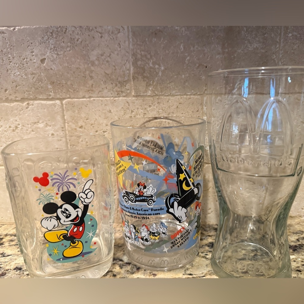 Disney, Coca-Cola and McDonalds Collector Vintage Glasses. Set of 3.